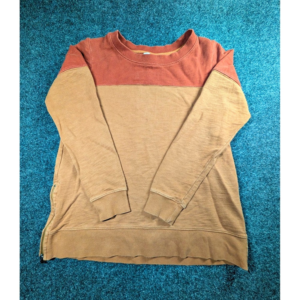 LL Bean Signature Women's M Brown/Rust Colorblock Crewneck Sweatshirt Side Zip